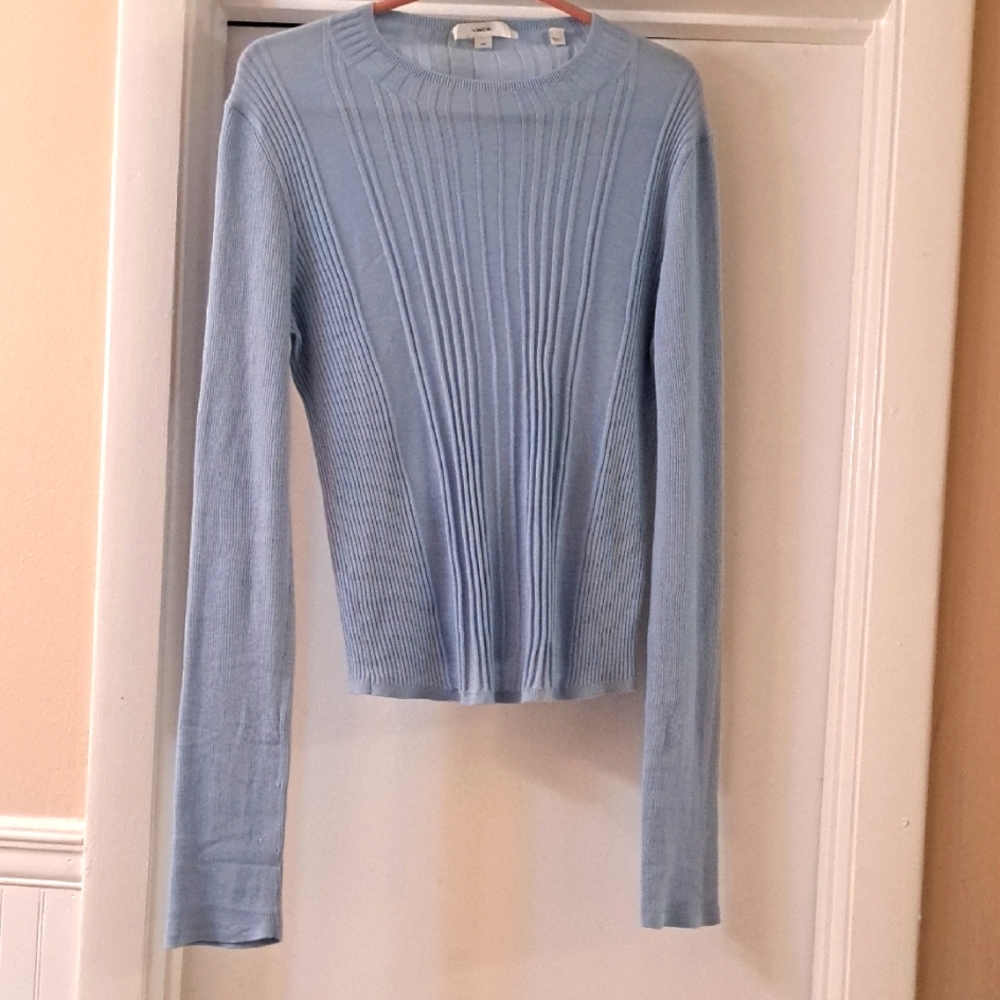 Vince Beautiful Blue Ribbed Cotton Crew Neck Lightweight Sweater SzL Excrllent